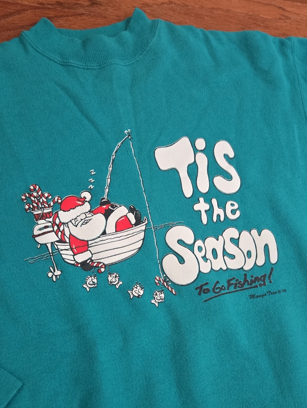 Vintage Hanes Teal Unisex Holiday Fishing Graphic Sweatshirt Size L